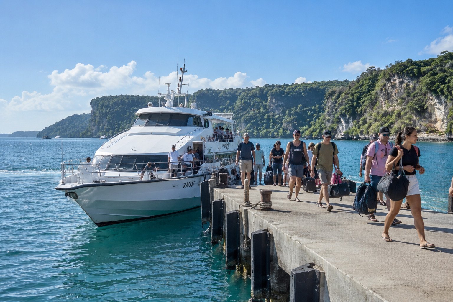 Passengers leaving a fast boat at a Nusa Penida port after travelling from Sanur
